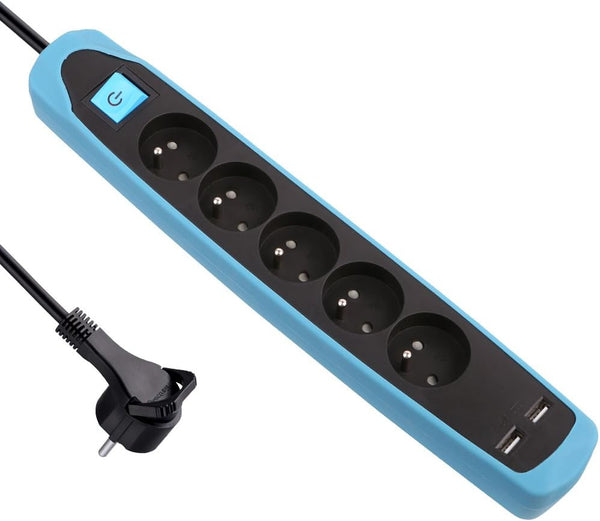 Bloc Multiprise 5 prises et 2 USB, Couverture en silicone protection contre chocs, Câble 2M, Fiche plat, Couleurs Blanc et Gris, Blanc et Bleu, Noir et Gris, Noir et Blue