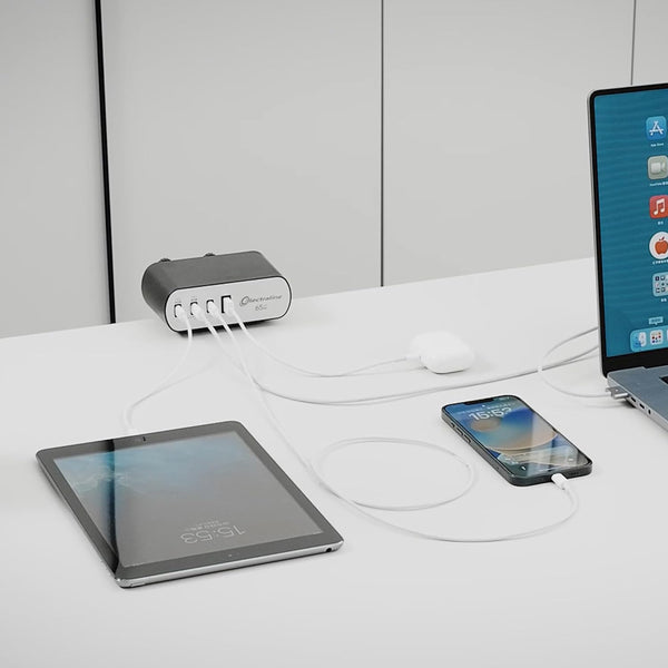 Bloc Multiprise pour Bureaux Electradock avec 2 Prises Françaises + 4 USB (3 USB C (Power Delivery) PD65W + 1 USB A QC) + 1 support de bureau inclus