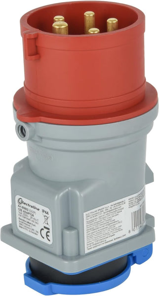 Adaptateur Industriel IP44 CEE de Prise Schuko 16A vers fiche CEE 3 pôles (3P+N+T) avec Capuchon