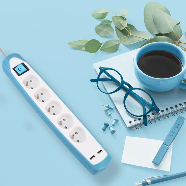 Bloc Multiprise 5 prises et 2 USB, Couverture en silicone protection contre chocs, Câble 2M, Fiche plat, Couleurs Blanc et Gris, Blanc et Bleu, Noir et Gris, Noir et Blue
