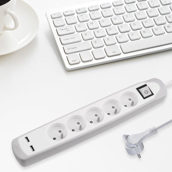 Bloc Multiprise 5 prises et 2 USB, Couverture en silicone protection contre chocs, Câble 2M, Fiche plat, Couleurs Blanc et Gris, Blanc et Bleu, Noir et Gris, Noir et Blue