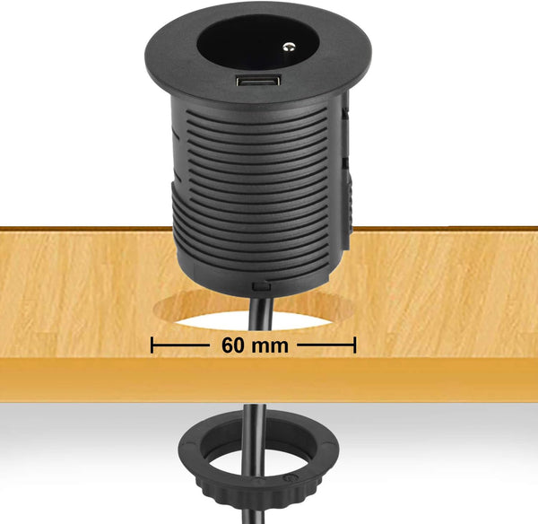 Bloc Multiprise Encastrable Compacte avec 1 Prise + 1 Port USB 2.0A Charge Rapide, pour Bureau/Table, 60 mm de diamètre, Facile a Installer, prolongateur de 2m de câble, Noir