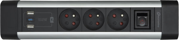 Bloc Multiprise pour Bureaux 3 Prises + 3 USB (1 USB C (Power Delivery) PD20W + 2 USB A 3.0A (QuickCharge), Avec crochets pour fixation sur le bureau + 2 Autocollants Double Face