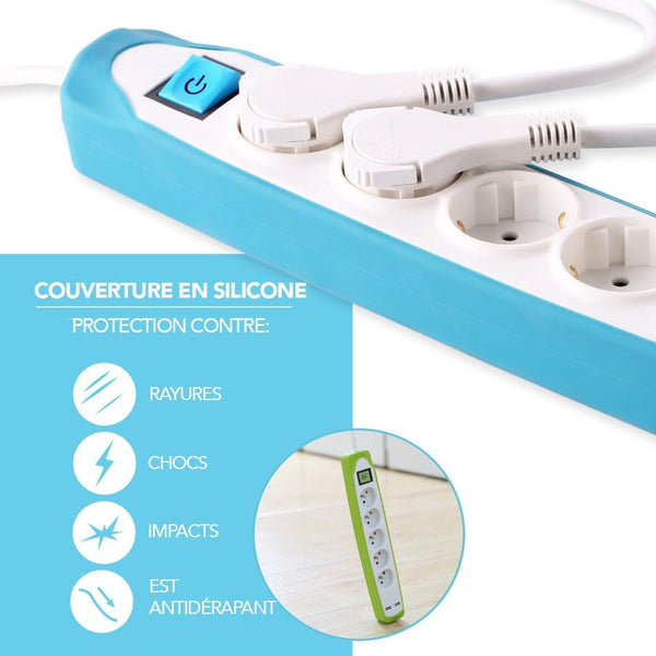 Bloc Multiprise 5 prises et 2 USB, Couverture en silicone protection contre chocs, Câble 2M, Fiche plat, Couleurs Blanc et Gris, Blanc et Bleu, Noir et Gris, Noir et Blue