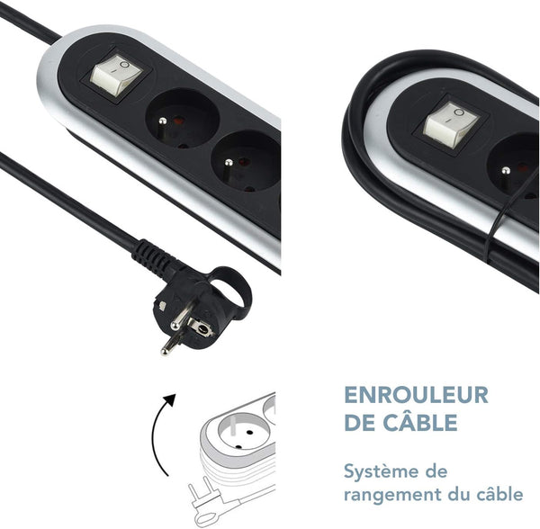 Bloc 3 Prises, enrouleur de câble, avec interrupteur et fiche plate. Rallonge Multiprise 3m, Noir