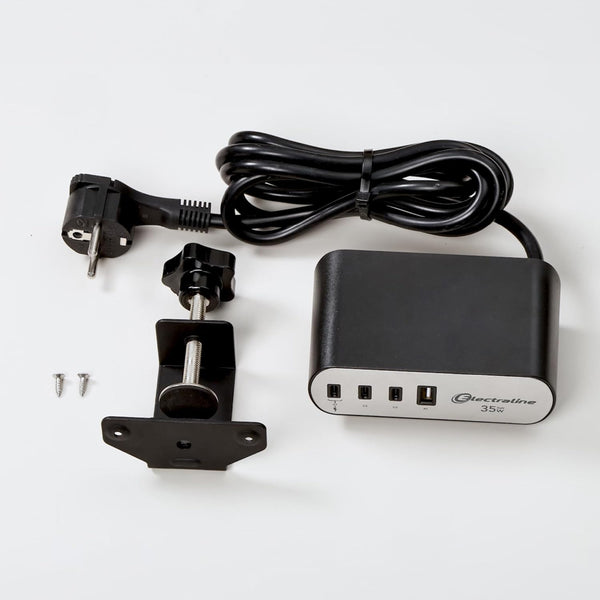 Bloc Multiprise pour Bureaux Electradock avec 2 Prises Françaises + 4 USB (3 USB C (Power Delivery) PD35W + 1 USB A QC) + 1 support de bureau inclus