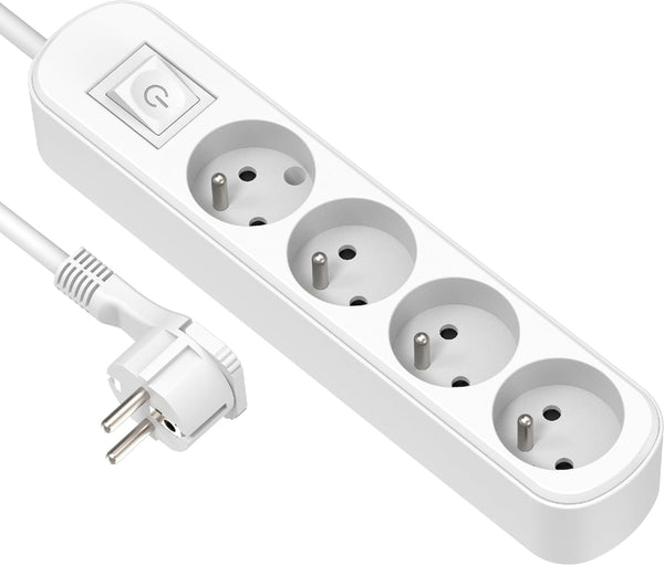 Bloc 4 prises avec interrupteur/fiche plate 1,5m, Blanc/Noir