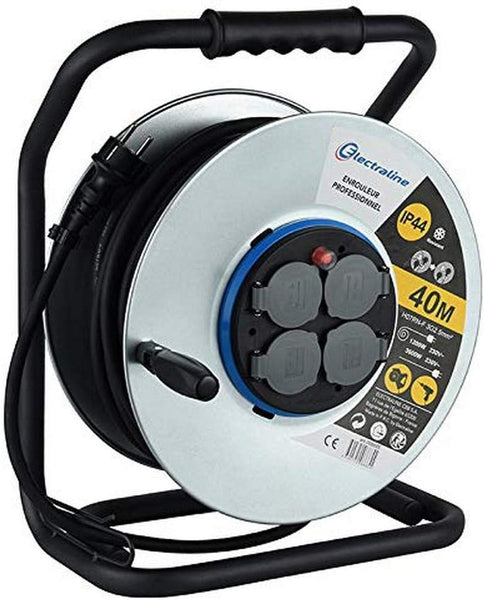 Enrouleur electrique professionnel water proof, IP44,  câble en caoutchouc 3G2.5m㎡ pour chantier, en Métal, 4 Prises avec guide pour le câble, Noir