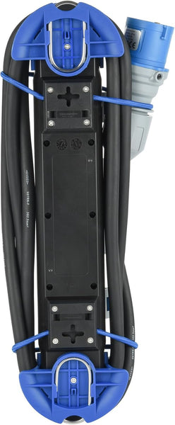 Bloc Multiprise Outdoor Camping avec Fiche CEE, 4 Prises CEE 16A (2P+T) IP44, Accrochable avec 2 crochets + serre-câbles élastiques, Câble H07RN-F 3G2.5 3M adapté camping, caravane