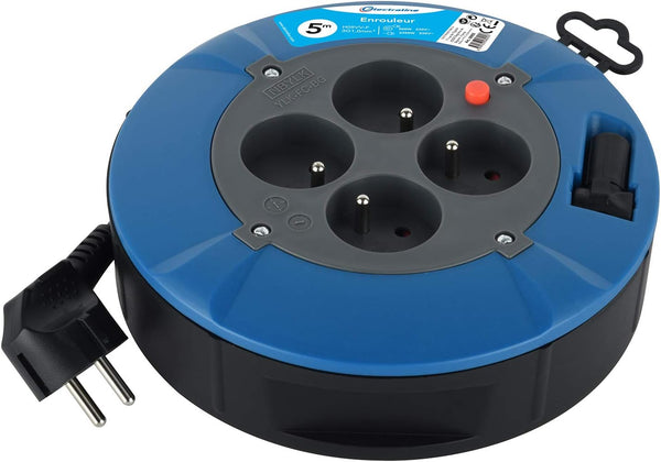 Enrouleur Rallonge Ménager Domestique avec 4 Prises 16A, Câble 5m-Section 3G1 mm², Blue