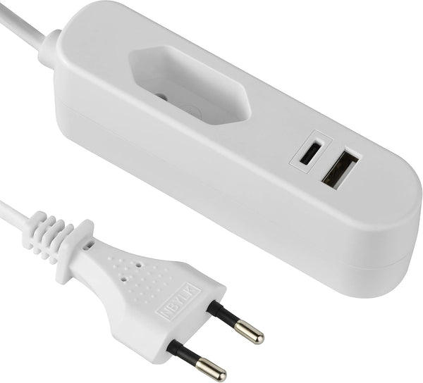 Extension électrique Adaptateur de Voyage européen (Type Europlug C) / Chargeur de Charge Rapide Portable avec 2 Ports USB 2.4A (1 USB type A + 1 USB type C), 1.5M de câble, Blanc