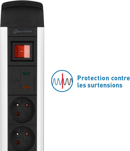 Alu-Line Bloc Multiprise 6 Prises avec corps en aluminium et protection contre les surtensions, 2m, Noir