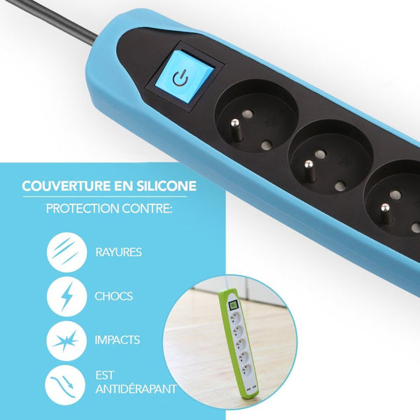 Bloc Multiprise 5 prises et 2 USB, Couverture en silicone protection contre chocs, Câble 2M, Fiche plat, Couleurs Blanc et Gris, Blanc et Bleu, Noir et Gris, Noir et Blue