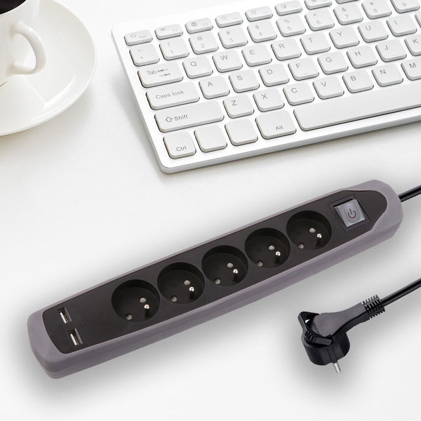 Bloc Multiprise 5 prises et 2 USB, Couverture en silicone protection contre chocs, Câble 2M, Fiche plat, Couleurs Blanc et Gris, Blanc et Bleu, Noir et Gris, Noir et Blue