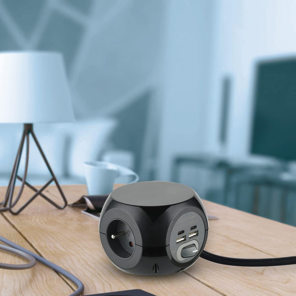 Mini Cube avec 4 Ports USB 3.4A (2 type A + 2 type C), Bloc 3 Prises avec Interrupteur, Rallonge Multiprise 3M
