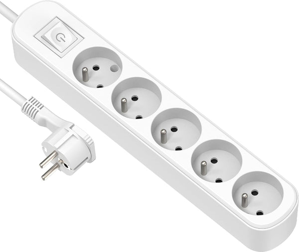 Bloc 5 prises avec interrupteur/fiche plate 1,5m, Blanc/ Noir