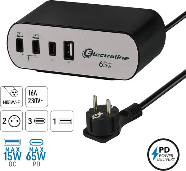 Bloc Multiprise pour Bureaux Electradock avec 2 Prises Françaises + 4 USB (3 USB C (Power Delivery) PD65W + 1 USB A QC) + 1 support de bureau inclus
