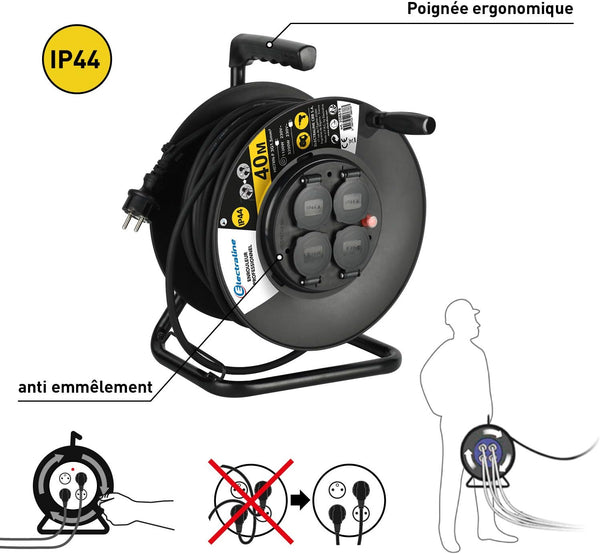 Enrouleur Electrique Professionnel 40M pour Chantier Prises IP44 avec Guide pour Le câble, Platine Fixe et poignée Ergonomique, Noir