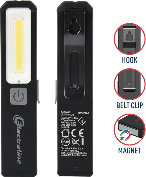 Lampe de poche LED, 200+100lm, 5700K, en Aluminium, Aimant, Batterie 450mAh