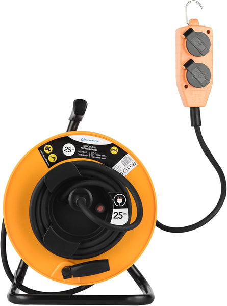 Enrouleur Electrique Professional, 3G2,5mm, 25 MT, avec Bloc 4 Prises Mobile, Platin Fixe, Jaune/Noir