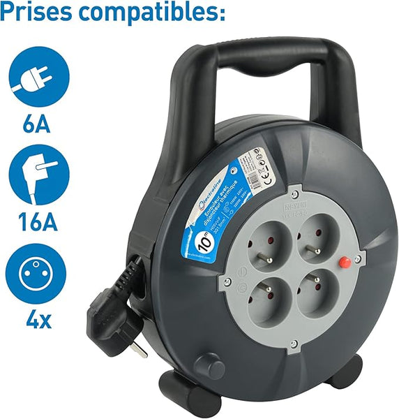 Enrouleur Rallonge Ménager Domestique 5m/10m 16A,Câble H05VV-F, Section 3G1,5 mm²