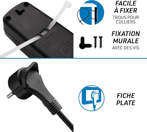 Bloc Multiprise 5 Prises Françaises + 2 USB (3.4A 17W A+1 Type C), Avec interrupteur On/Off, Fiche Extra Plate 90° 16A, Câble 1.5M, Blanc/Noir