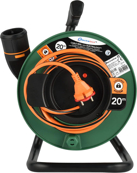 Rallonge Prolongateur Jardin avec Enrouleur 20m/40m, 2x1.5 mm avec prise européenne Electralock équipée d'un système de verrouillage, Noir / Orange