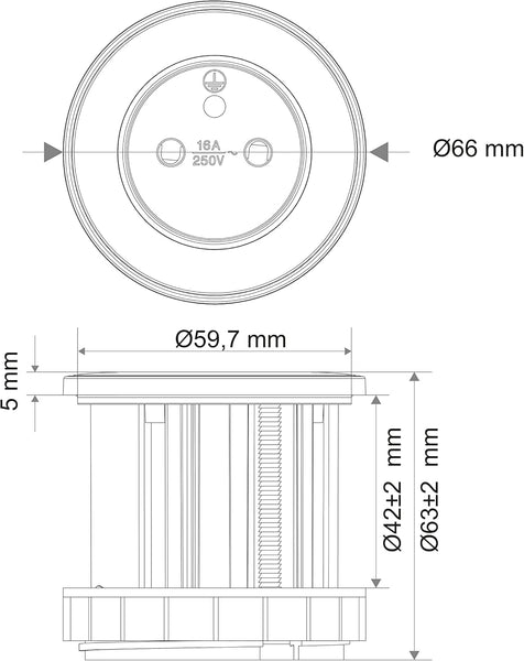 Bloc Multiprise Encastrable Compacte avec 1 Prise 16A pour Bureau / Table, 54 mm de diamètre ou 60mm standard avec adaptateur (inclus), Facile a Installer, Prolongateur de 2M