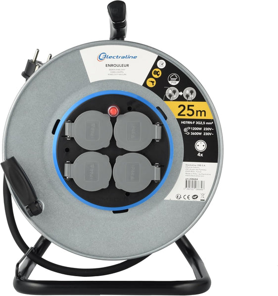 Enrouleur Electrique Professionnel 25m pour chantier en Métal 4 prises IP44 avec Guide pour le câble, Platine fixe et poignée ergonomique