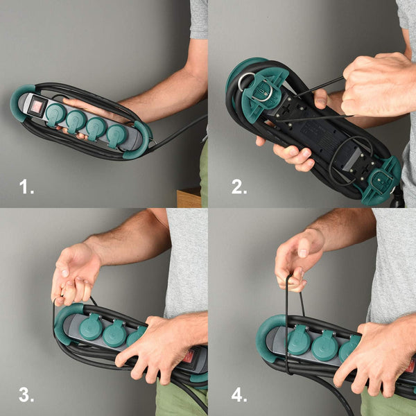 Bloc Multiprises Étanche Professionnel avec Enrouleur de câble, 4 Prises 16A, Câble en Caoutchouc 4m, H07RN-F 3G1,5 mm², IP44