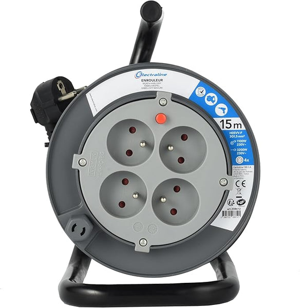 Rallonge Prolongateur électrique 10M/15M avec enrouleur 4 Prises 16 A section 3G1,5 mm² Gris