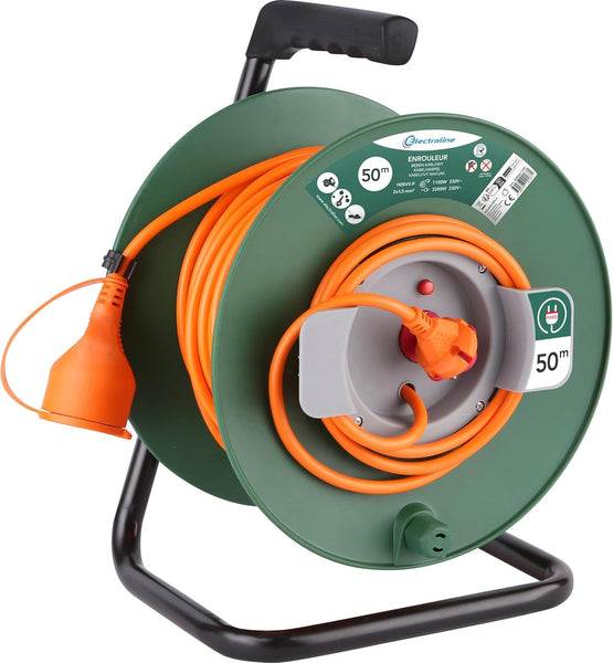 Rallonge Prolongateur Jardin 25M/30M/40M/50M avec enrouleur 16A - Section 2x1,5 mm², Orange/Vert, Prise - 2 Broches (EU)