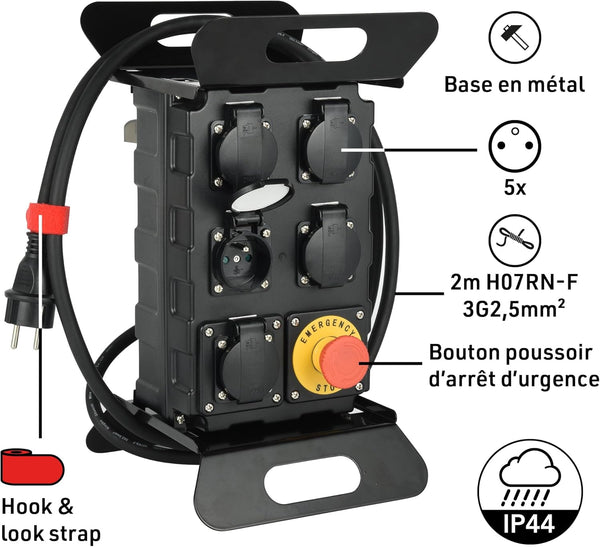 Coffret de Chantier 16A, 5 Prises Françaises IP44 16A, avec Disjoncteur Différentiel 30m et Bouton Poussoir d'arrêt, Cable H07RN-F 3G2.5mm Longueur 2m