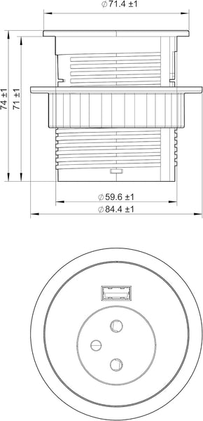 Bloc Multiprise Encastrable Compacte avec 1 Prise + 1 Port USB 2.0A Charge Rapide, pour Bureau/Table, 60 mm de diamètre, Facile a Installer, prolongateur de 2m de câble, Noir
