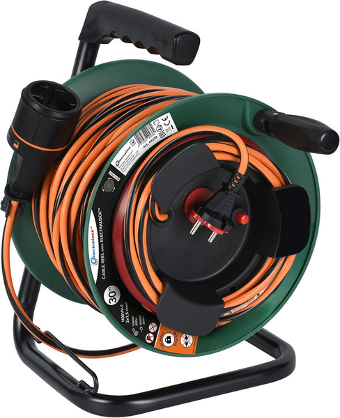 Rallonge Prolongateur Jardín avec Enrouleur Platine Fixe 30m 2x1.5mm avec prise européenne Electralock équipée d'un système de verrouillage qui empêche la déconnexion fiche-prise