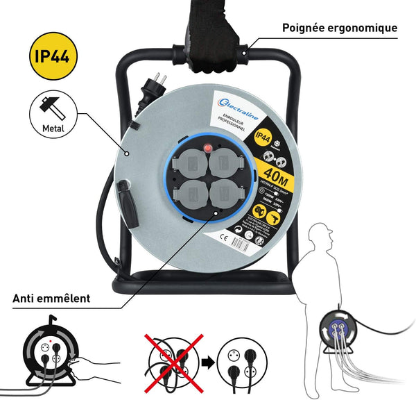 Enrouleur electrique professionnel water proof, IP44,  câble en caoutchouc 3G2.5m㎡ pour chantier, en Métal, 4 Prises avec guide pour le câble, Noir