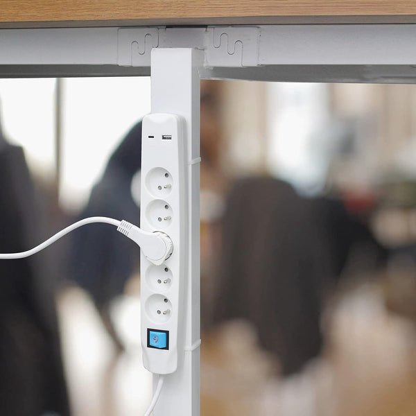 Bloc Multiprise 5 Prises Françaises + 2 USB (3.4A 17W A+1 Type C), Avec interrupteur On/Off, Fiche Extra Plate 90° 16A, Câble 1.5M, Blanc/Noir