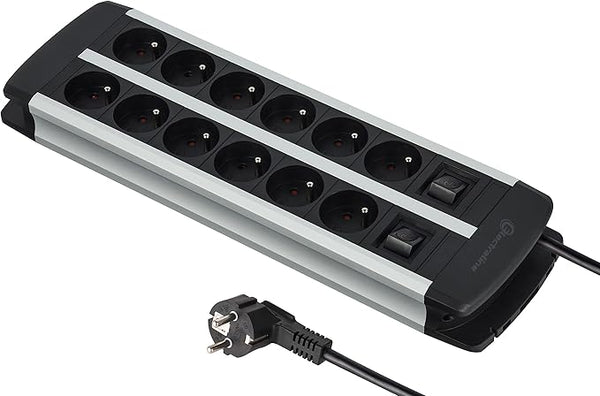 Alu-Line Bloc Multiprise 12 Prises avec Corps en Aluminium, Câbles H05VV-F 3G1.5mm, Longueur 2M, 2 interrupteurs (1 x 6 prises), avec protection contre les surcharges
