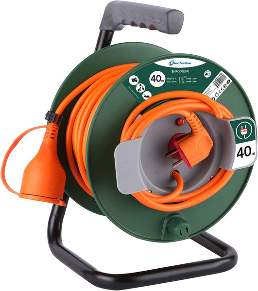 Rallonge Prolongateur Jardin 25M/40M avec enrouleur 16A - Section 3G1,5 mm²,  Orange/Vert
