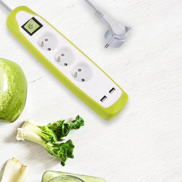 Bloc Multiprise 3 prises et 2 USB, Couverture en silicone protection contre impacts, Câble 2M, Fiche plat, Couleurs Blanc et Gris, Blanc et Vert, Noir et Gris