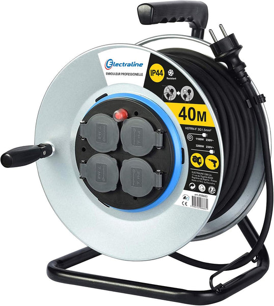 Enrouleur Electrique Professionnel 25m/40m pour Chantier en Métal 4 Prises IP44 avec Guide, Platine Fixe et poignée Ergonomique, Câble en Caoutchouc H07RN-F 3G1.5