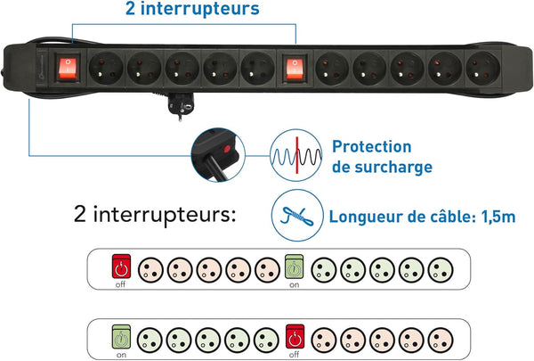 Bloc Multiprises 10 Prises + 2 Interrupteurs, Enrouleur de câble, Protection contre se surcharge, Longueur 1,5 M Section 3G1 mm², Noir