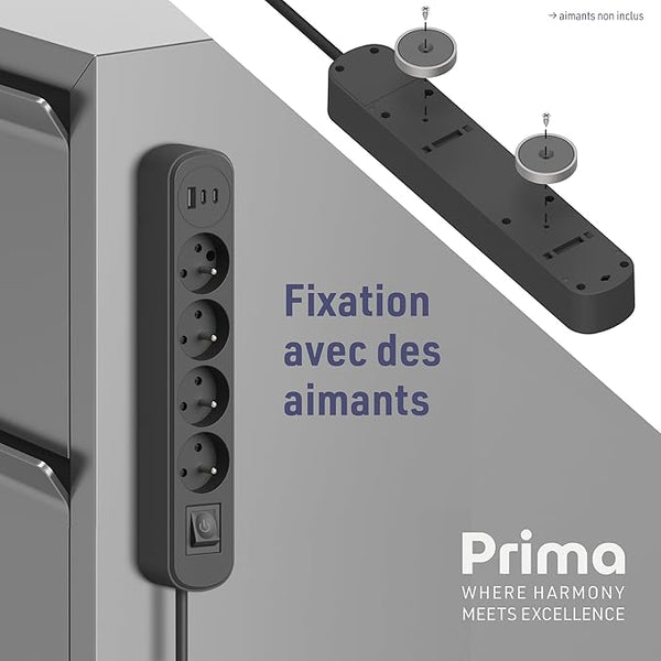 Electraline 35621 Bloc Multiprise Prima 4 Prises 16A + 3 USB (1 USB A + 2 USB C PD20W) avec Interrupteur, Câble 1.5M, Blanc/Noir