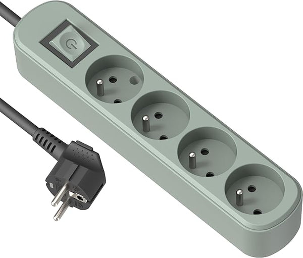 Bloc Multiprise Prima 4 Prises 16A avec Interrupteur, Longueur 1.5 Mètres, Bleu Ardoise/Vert