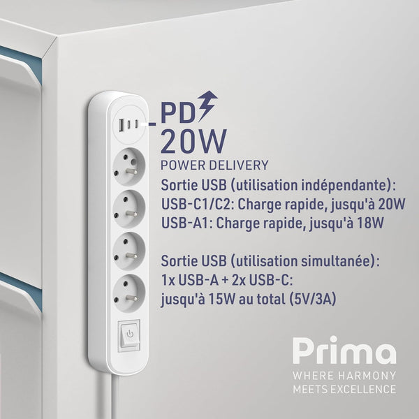 Electraline 35621 Bloc Multiprise Prima 4 Prises 16A + 3 USB (1 USB A + 2 USB C PD20W) avec Interrupteur, Câble 1.5M, Blanc/Noir