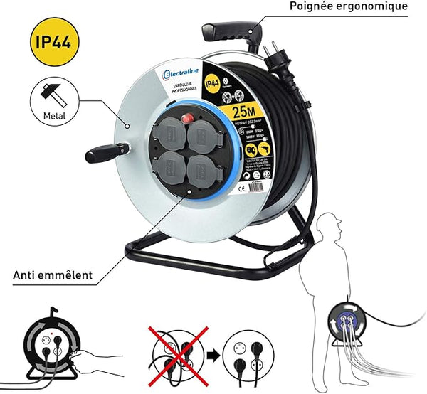 Enrouleur Electrique Professionnel 25m pour chantier en Métal 4 prises IP44 avec Guide pour le câble, Platine fixe et poignée ergonomique