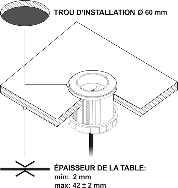 Bloc Multiprise Encastrable Compacte avec 1 Prise 16A pour Bureau / Table, 54 mm de diamètre ou 60mm standard avec adaptateur (inclus), Facile a Installer, Prolongateur de 2M