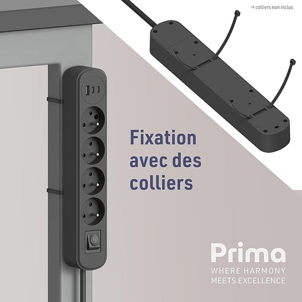 Electraline 35621 Bloc Multiprise Prima 4 Prises 16A + 3 USB (1 USB A + 2 USB C PD20W) avec Interrupteur, Câble 1.5M, Blanc/Noir