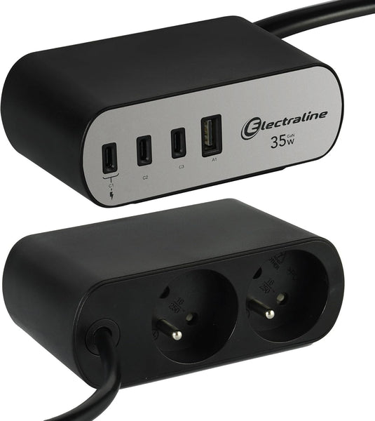Bloc Multiprise pour Bureaux Electradock avec 2 Prises Françaises + 4 USB (3 USB C (Power Delivery) PD35W + 1 USB A QC) + 1 support de bureau inclus