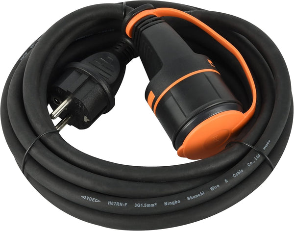 Rallonge Prolongateur IP44 5m/10m/20m en Caoutchouc H07RN-F 3G1.5mm Femelle Français Electralock équipée d'un système de Verrouillage qui empêche la déconnexione fiche-Prise, Noir